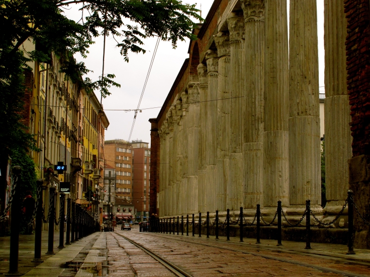 San Lorenzo's columns from a side perspective taken in Corso di Porta Ticinese, Milan